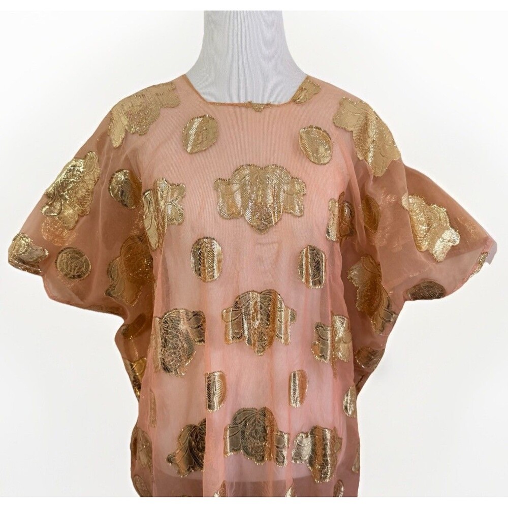 Kaftan Caftan Maxi Dress 1 Size Peach BOHO Gold Paisley Embellished Square Neck - Picture 5 of 12